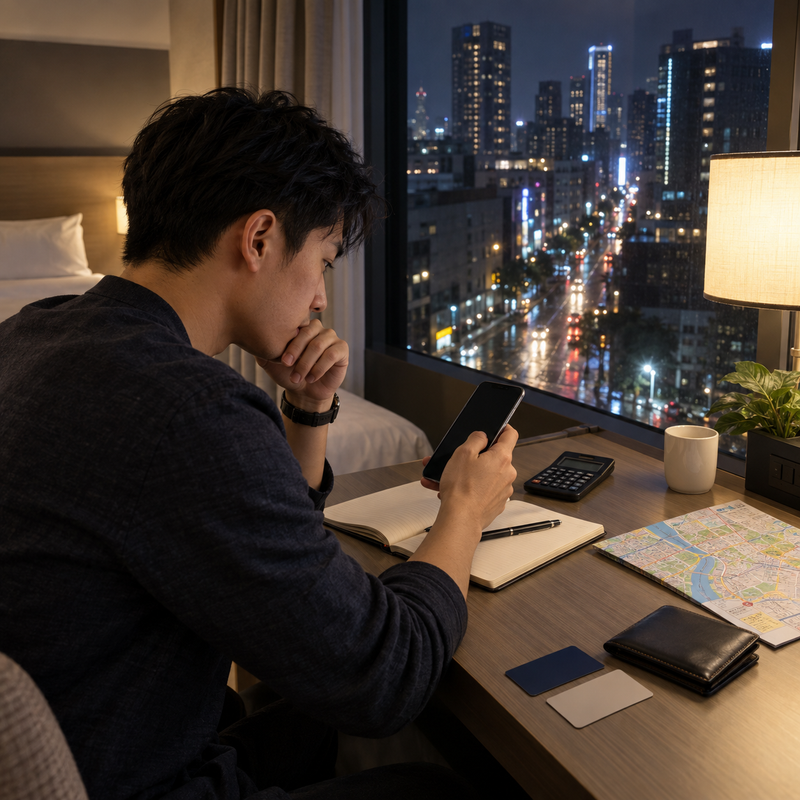 台北住宿房間內的旅客在聯絡台北外送茶前,使用手機、地圖與計算機核對價格、地點及身分資訊