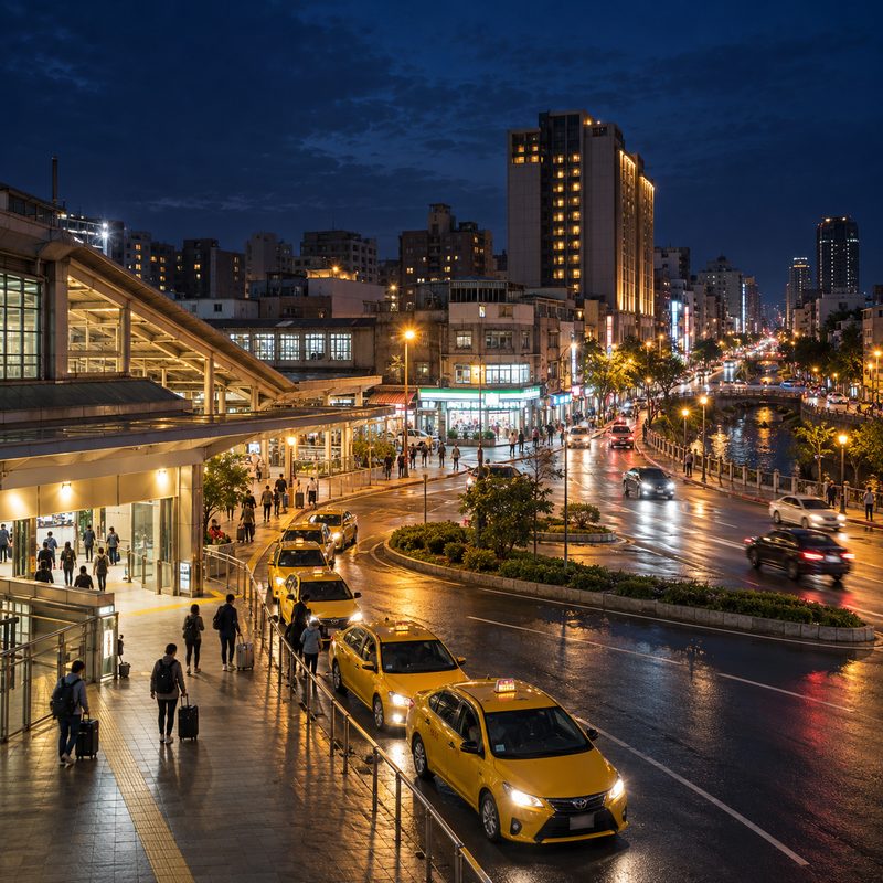 中壢火車站前站夜間平日週末外送茶定點茶時間帶移動預算示意,包含車站出口、計程車、旅宿、便利商店與中平商圈方向。