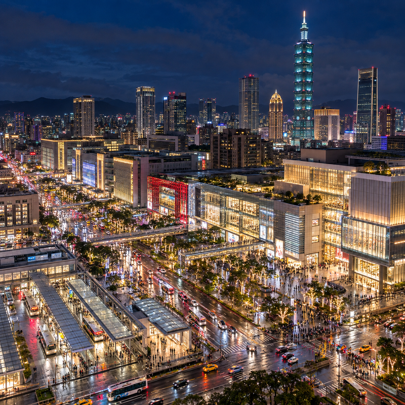 信義區市府站與台北101夜間空拍示意,包含市府轉運站、信義商圈、松壽路、松高路、旅宿與車流,呈現外送茶定點茶資訊時效確認與查找順序。