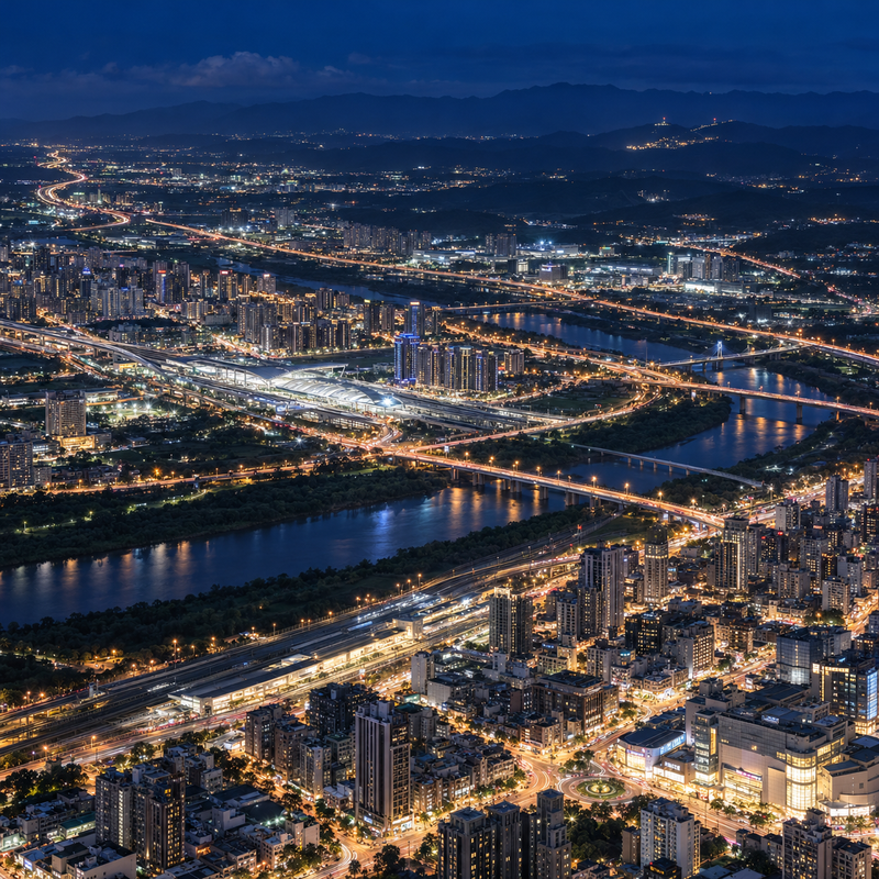 新竹市、竹北與苗栗夜間空拍示意，包含新竹火車站、高鐵新竹站、竹北縣治特區與苗栗方向，呈現外送茶定點茶區域選擇與回程判斷。
