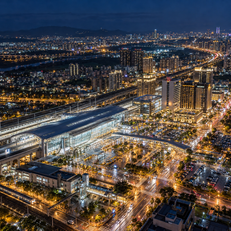 高鐵新竹站與竹北高鐵特區夜間住宿動線示意,包含高鐵站、台鐵六家站、旅宿、計程車與竹北、新竹市區、科學園區方向,呈現外送茶定點茶夜間移動判斷。